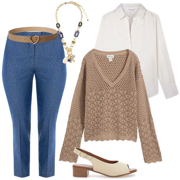 Outfit donna - Natural Texture. Stile Boho per Tutti i giorni. Abbinamento con maglieria, cinture, camicie, collane, pantaloni, sandali col tacco.