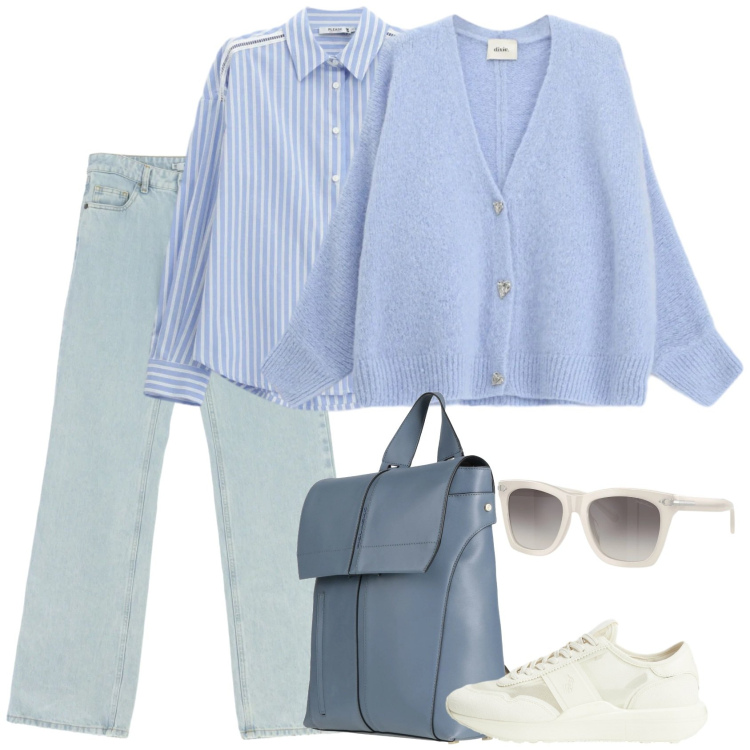 Outfit donna - Luminosa. Stile Casual per Tutti i giorni. Abbinamento con zaini, cardigans, camicie, jeans dritti, sneakers, occhiali da sole.