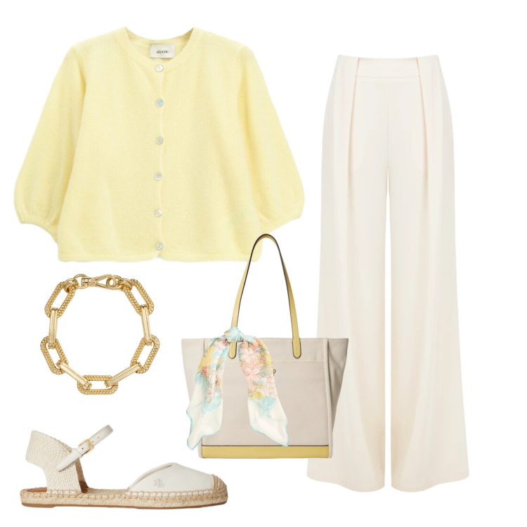 Outfit donna - Raffinatezza in Toni Pastello. Stile Glamour per Tutti i giorni. Abbinamento con cardigans, pantaloni a palazzo, braccialetti, foulard, borse tote, espadrillas.