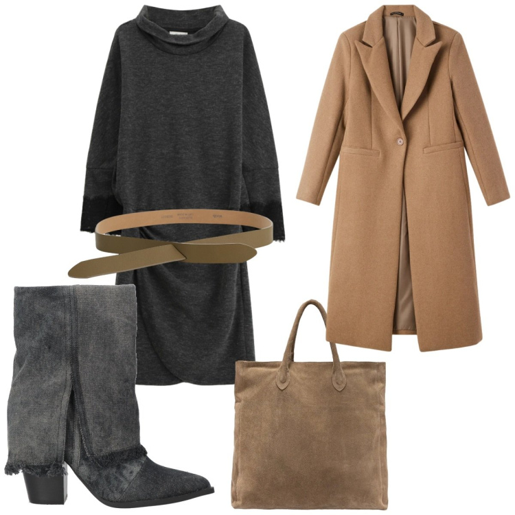 Outfit donna - Molto Urban. Stile Urban per Tutti i giorni. Abbinamento con stivaletti, cappotti, cinture, vestiti corti, borse a mano.