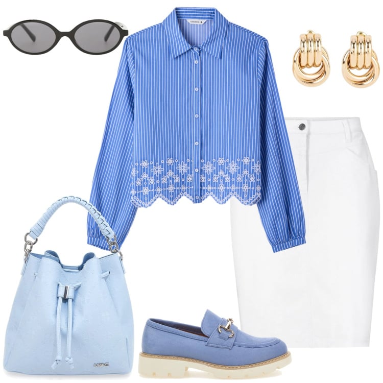 Outfit donna - Light Blue Denim. Stile Casual chic per Tutti i giorni. Abbinamento con gonne, orecchini, occhiali da sole, camicie, borse a secchiello, mocassini.