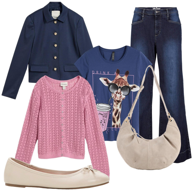 Outfit donna - Frappè di fragole. Stile Casual per Tutti i giorni. Abbinamento con t-shirt, jeans, blazer, cardigans, borse a tracolla, ballerine.