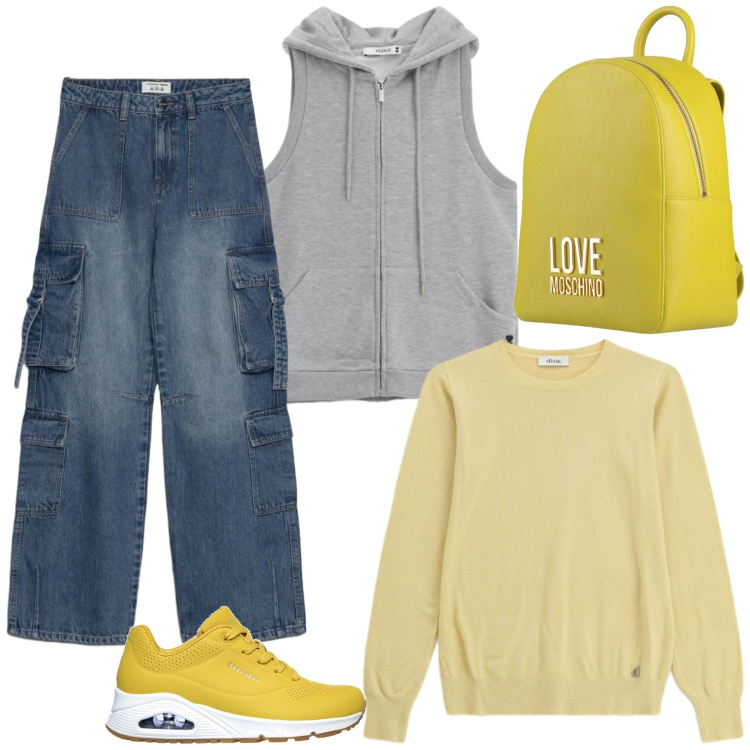Outfit donna - Giallo mimosa. Stile Casual per Tutti i giorni. Abbinamento con zaini, jeans, maglieria, felpe con cappuccio, sneakers.