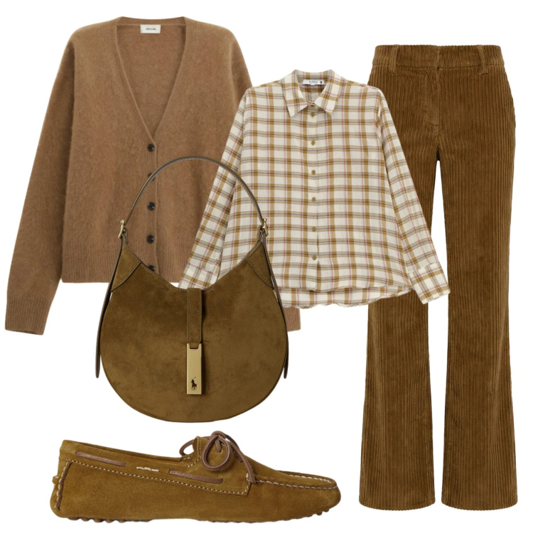 Outfit donna - Total look #2352808. Stile Basic per Ufficio. Abbinamento con pantaloni, cardigans, camicie, borse a spalla, mocassini.