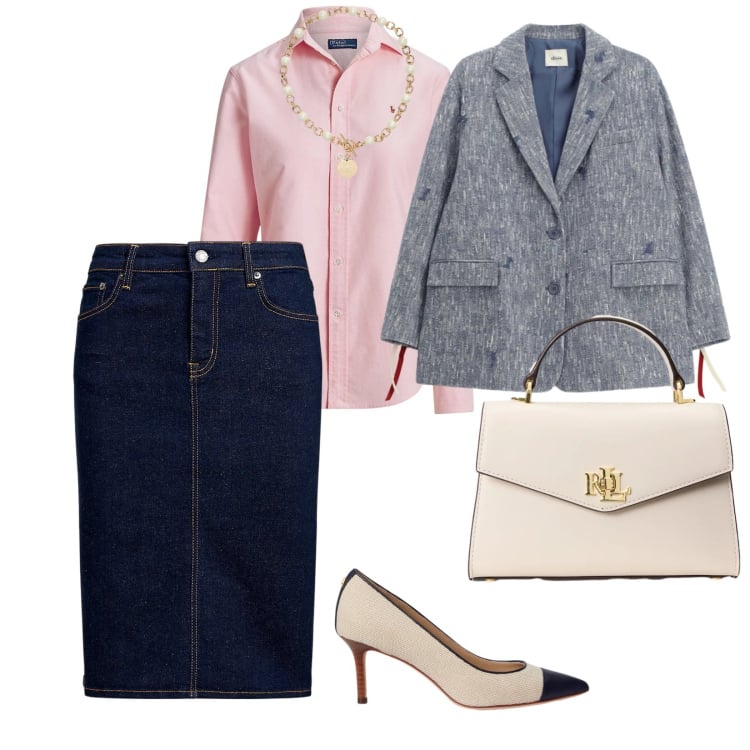 Outfit donna - In ufficio così. per Ufficio. Abbinamento con collane, gonne, camicie, borse a mano, décolleté, blazer.