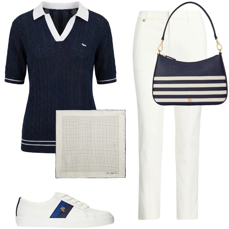 Outfit donna - Total look #2352813. Stile Casual per Tutti i giorni. Abbinamento con polo, pantaloni, sneakers, foulard, borse a spalla.