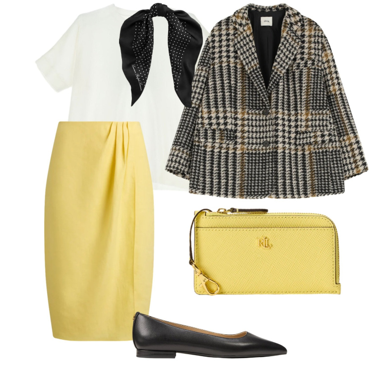 Outfit donna - Primavera. per Tutti i giorni. Abbinamento con t-shirt, blazer, gonne, foulard, ballerine, portafogli.