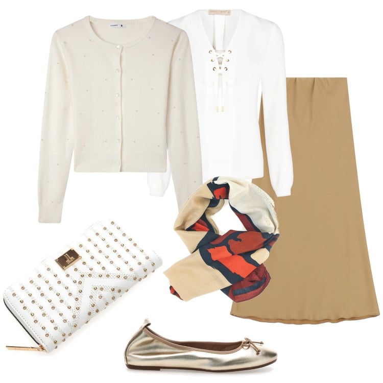Outfit donna - Ballerine oro. Stile Basic per Ufficio. Abbinamento con cardigans, bluse, gonne lunghe, portafogli, ballerine, foulard.