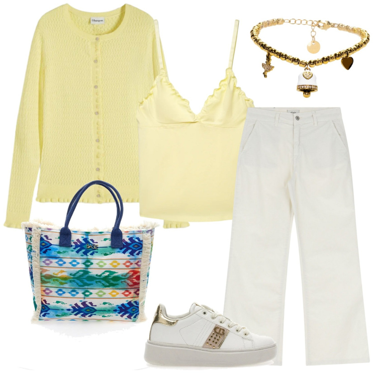 Outfit donna - Total look #2352823. Stile Casual chic per Tutti i giorni. Abbinamento con cardigans, canottiere, jeans, braccialetti, sneakers, shopping bag.