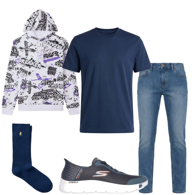 Outfit uomo - Total look #2352825. Stile Casual per Tutti i giorni. Abbinamento con jeans, t-shirt, felpe con cappuccio, calzini, sneakers.
