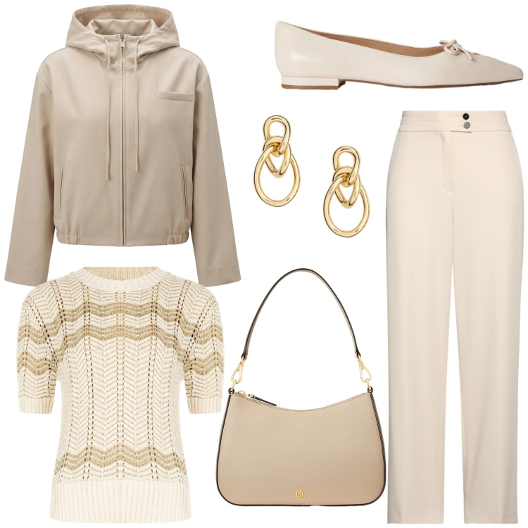 Outfit donna - Primavera in città. Stile Urban per Tutti i giorni. Abbinamento con pantaloni, cappotti, t-shirt, borse a spalla, orecchini, ballerine.