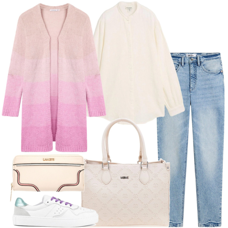 Outfit donna - Il potere dei colori pastello. Stile Casual chic per Tutti i giorni. Abbinamento con jeans mom, camicie, cardigans, portafogli, sneakers, borse a tracolla.