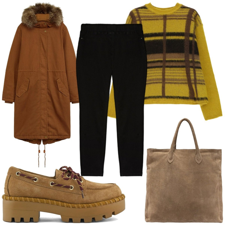 Outfit donna - Primavera che valorizza : tutti i giorni. Stile Basic per Tutti i giorni. Abbinamento con parka, maglieria, jeggings, mocassini, borse a mano.