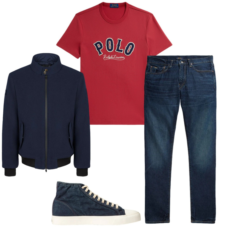 Outfit uomo - Total look #2352831. Stile Trendy per Tutti i giorni. Abbinamento con bomber, sneakers, jeans, t-shirt.