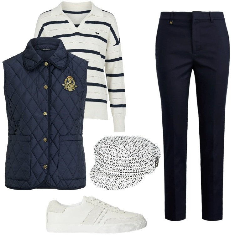 Outfit donna - Total look #2352832. Stile Casual per Mare. Abbinamento con cappelli con visiera, maglieria, piumini, pantaloni, sneakers.