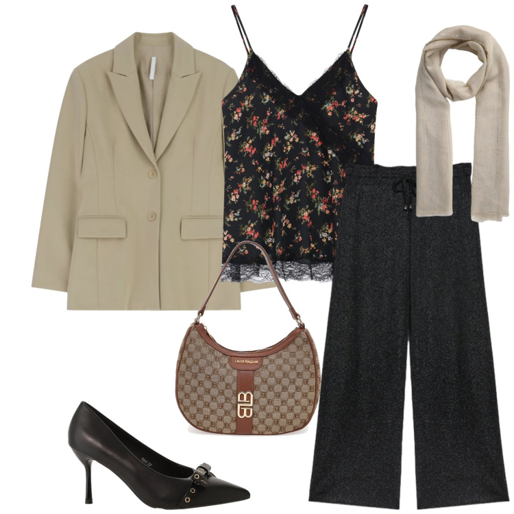 Outfit donna - Total look #2352833. Stile Chic per Serata fuori. Abbinamento con sciarpe, décolleté, blazer, pantaloni, top, borse a spalla.