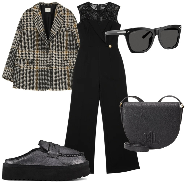 Outfit donna - Primavera che valorizza : la tuta. Stile Trendy per Tutti i giorni. Abbinamento con blazer, tute, borse a tracolla, occhiali da sole, mocassini.