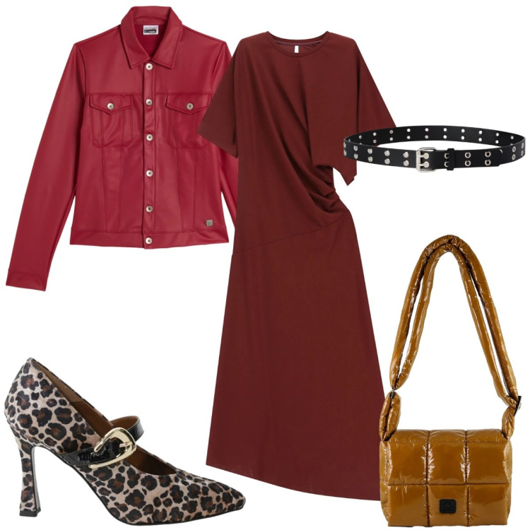 Outfit donna - Primavera che valorizza in rosso. Stile Trendy per Tutti i giorni. Abbinamento con cinture, vestiti lunghi, décolleté, giacche, borse a spalla.