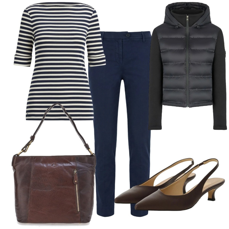Outfit donna - Primavera che valorizza : a righe. Stile Trendy per Tutti i giorni. Abbinamento con pantaloni, décolleté, piumini, t-shirt, borse a spalla.