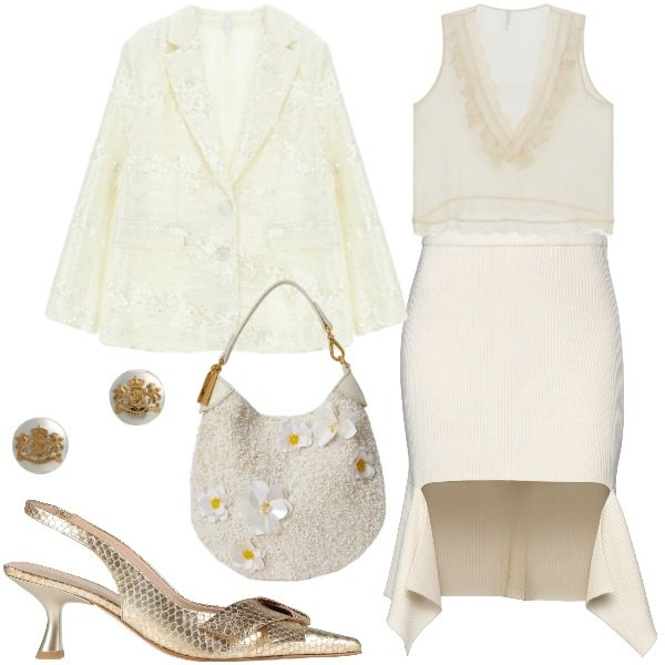 Outfit donna - Bantoa SS26 - la sposa. Stile Vintage retrò per Cerimonia. Abbinamento con minigonne, décolleté, top, blazer, pochette, orecchini.