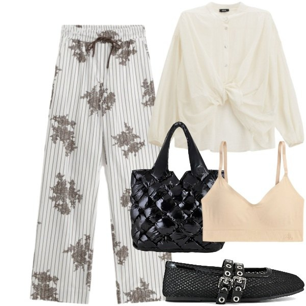 Outfit donna - Bantoa SS26. Stile Trendy per Tutti i giorni. Abbinamento con camicie, pantaloni a palazzo, borse tote, reggiseni, ballerine.