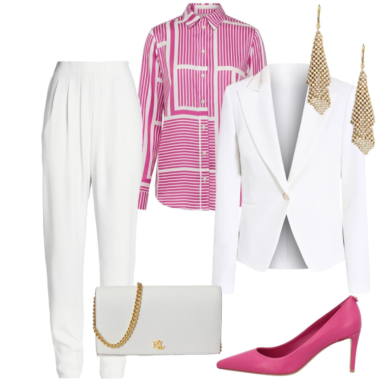 Outfit donna - Total look #2352844. Stile Glamour per Cerimonia. Abbinamento con pantaloni, décolleté, camicie, blazer, orecchini, borse a tracolla.