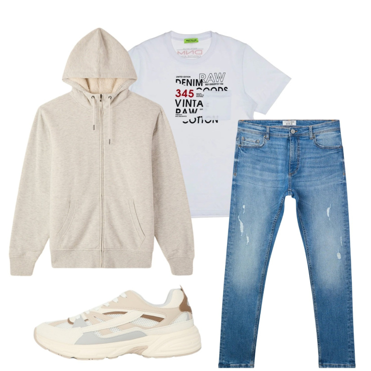 Outfit uomo - Total look #2352845. Stile Casual per Tutti i giorni. Abbinamento con felpe con cappuccio, sneakers, jeans strappati, t-shirt.