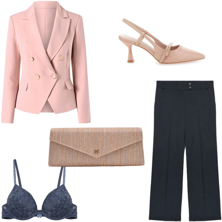 Outfit donna - Colori pastello in primavera. Stile Chic per Tutti i giorni. Abbinamento con reggiseni push-up, pantaloni chino, pochette, blazer, décolleté.