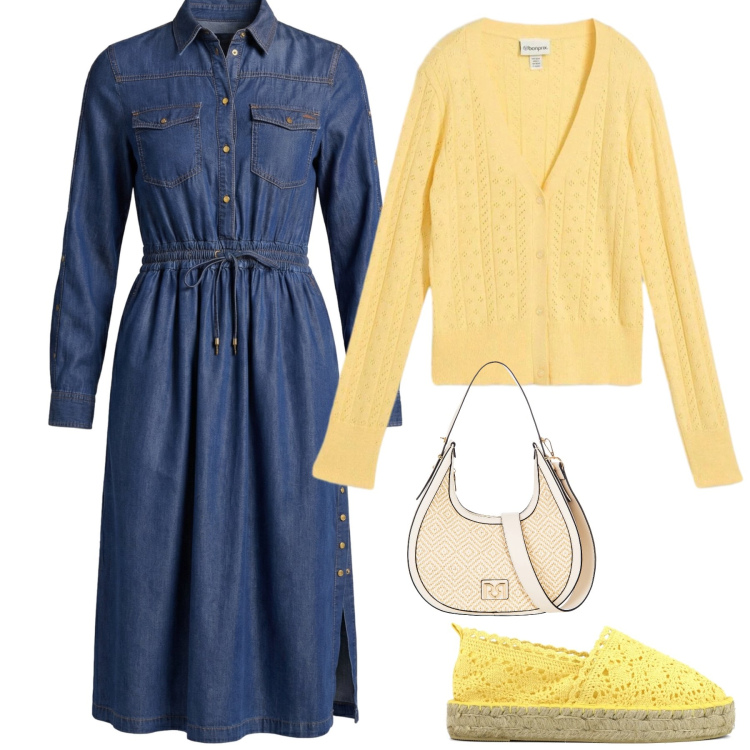Outfit donna - Raggi di Sole: Denim & Lemon Twist. Stile Urban per Tutti i giorni. Abbinamento con cardigans, vestiti chemisier, borse a mano, espadrillas.