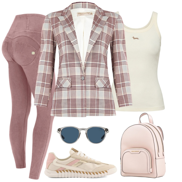 Outfit donna - Lo Sporty Chic che Illumina. Stile Sporty chic per Tutti i giorni. Abbinamento con zaini, canottiere, pantaloni skinny, blazer, occhiali da sole, sneakers.