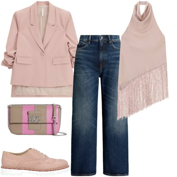 Outfit donna - Primavera che valorizza - FCDI. Stile Urban per Tutti i giorni. Abbinamento con scarpe stringate, borse a spalla, top, blazer, jeans.