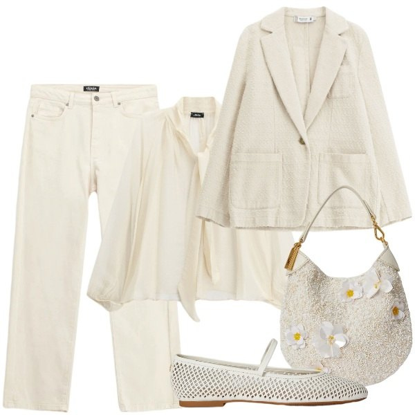 Outfit donna - Primavera che valorizza - FDCI. Stile Trendy per Tutti i giorni. Abbinamento con bluse, jeans dritti, blazer, ballerine, pochette.