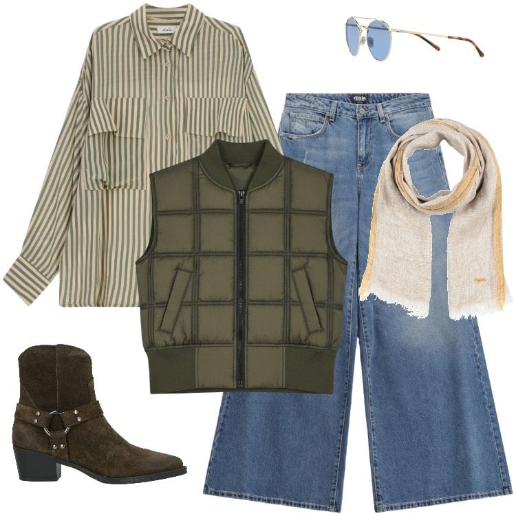 Outfit donna - Total look #2352857. Stile Trendy per Tutti i giorni. Abbinamento con stivaletti texani, sciarpe, piumini, occhiali da sole, camicie, jeans.