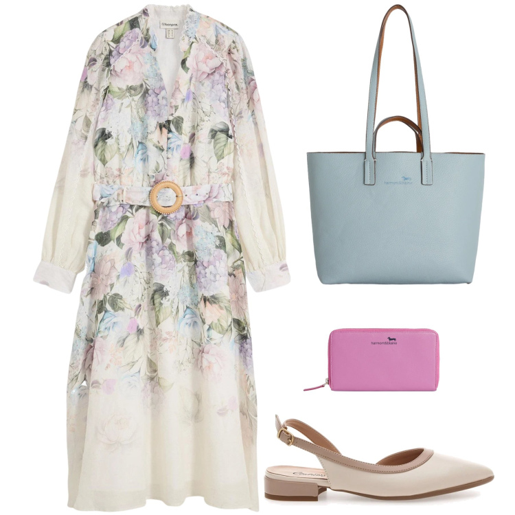 Outfit donna - Bouquet pastello di Primavera. Stile Romantica per Tutti i giorni. Abbinamento con vestiti midi/longuette, portafogli, shopping bag, ballerine.