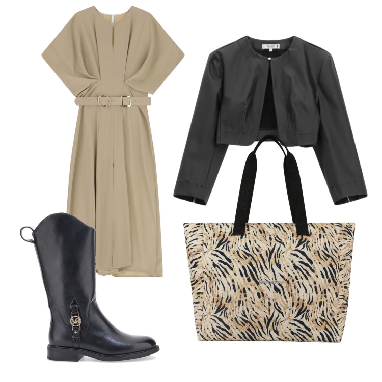 Outfit donna - In ufficio. Stile Casual chic per Ufficio. Abbinamento con vestiti lunghi, shopping bag, blazer, stivaletti.