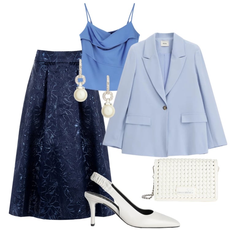 Outfit donna - Il potere dei colori pastello. Stile Chic per Tutti i giorni. Abbinamento con décolleté, borse a tracolla, canottiere, blazer, gonne longuette, orecchini.