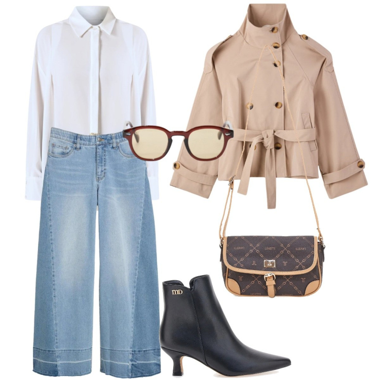 Outfit donna - Total look #2352864. Stile Casual chic per Tutti i giorni. Abbinamento con jeans, caban, occhiali da sole, camicie, stivaletti, borse a tracolla.