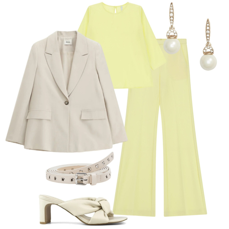 Outfit donna - Il potere dei colori pastello. Stile Chic per Tutti i giorni. Abbinamento con cinture, pantaloni, top, blazer, orecchini, sandali col tacco.