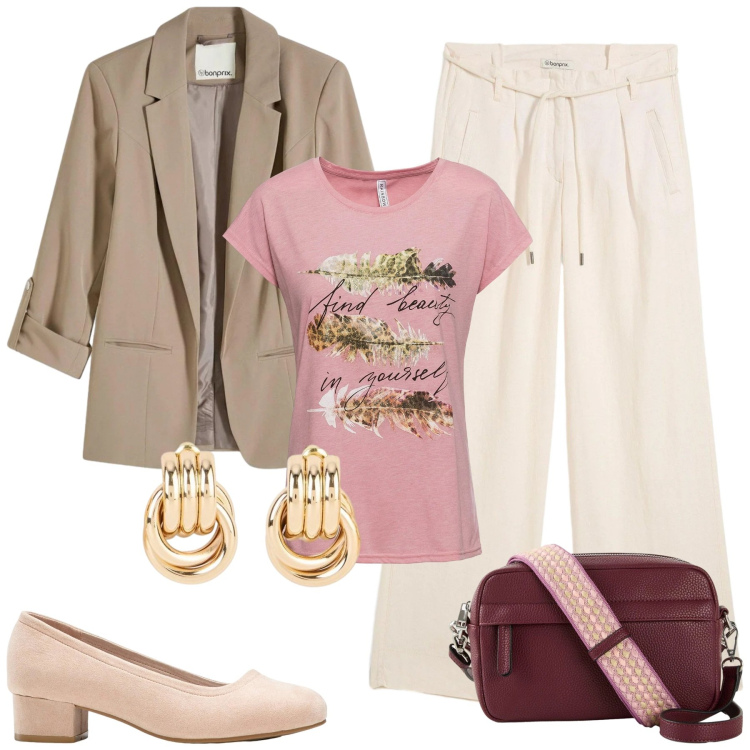 Outfit donna - Look primaverile Bonprix. Stile Casual per Tutti i giorni. Abbinamento con t-shirt, blazer, pantaloni, borse a tracolla, orecchini, décolleté.