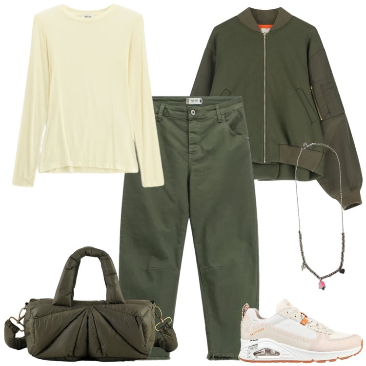 Outfit donna - Total look #2352868. Stile Military per Tutti i giorni. Abbinamento con t-shirt, bomber, ciondoli, pantaloni, borse a mano, sneakers alte.