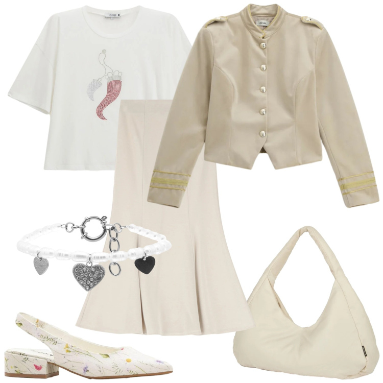 Outfit donna - Beige primaverile. Stile Casual per Tutti i giorni. Abbinamento con décolleté, gonne, blazer, braccialetti, t-shirt, borse a spalla.