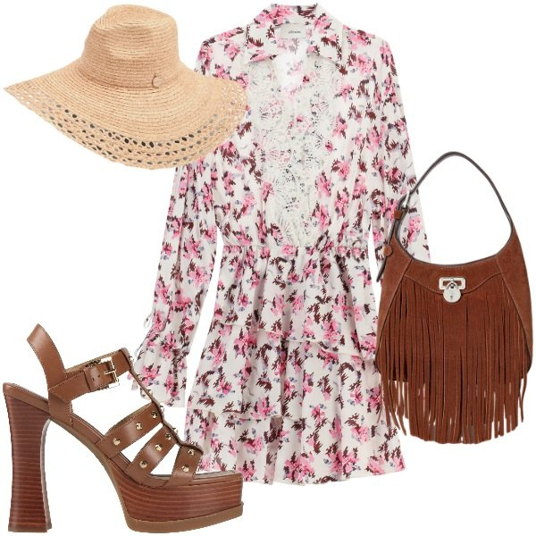 Outfit donna - Abitino boho a primavera. Stile Boho per Tutti i giorni. Abbinamento con sandali in pelle, vestiti corti, cappelli, borse a tracolla.