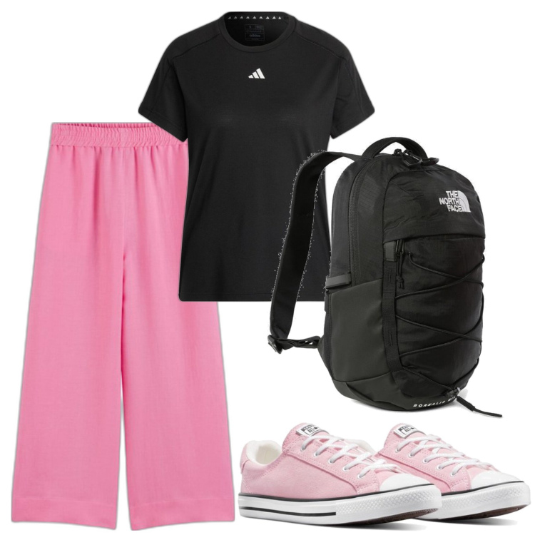Outfit mujer - Deportes. Estilo Casual para Deporte. Combinación con mochilas, sneakers, pantalones palazzo, camiseta.