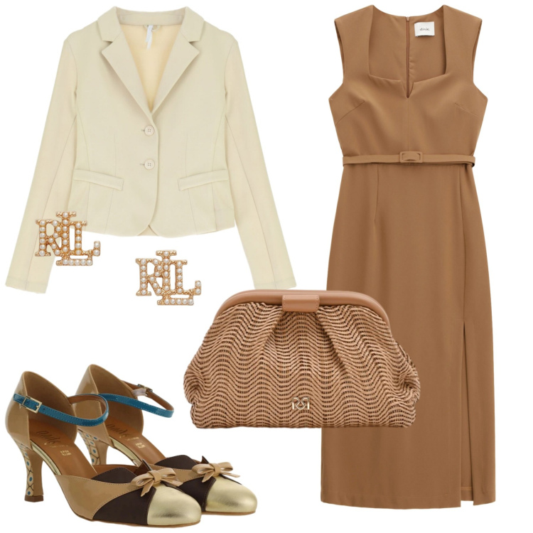 Outfit donna - Bantoa primaverile. Stile Casual chic per Tutti i giorni. Abbinamento con blazer, décolleté, vestiti midi/longuette, pochette, orecchini.