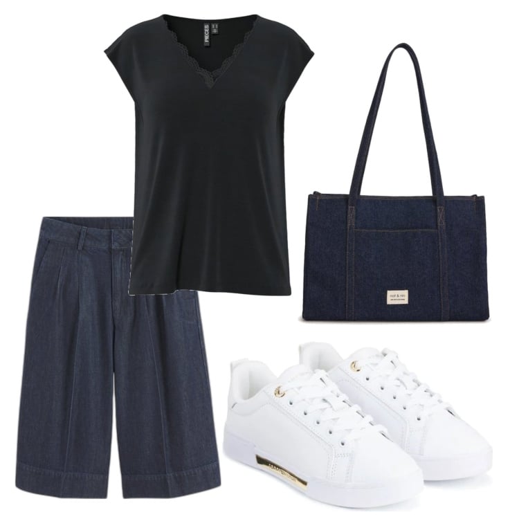 Outfit mujer - Casual look. Estilo Casual para Todos los días. Combinación con sneakers, bolso tote, camiseta, bermudas.