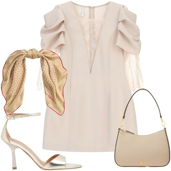 Outfit donna - Inserti in pizzo. Stile Bon Ton per Cerimonia. Abbinamento con sandali in pelle, vestiti corti, borse a spalla, foulard.