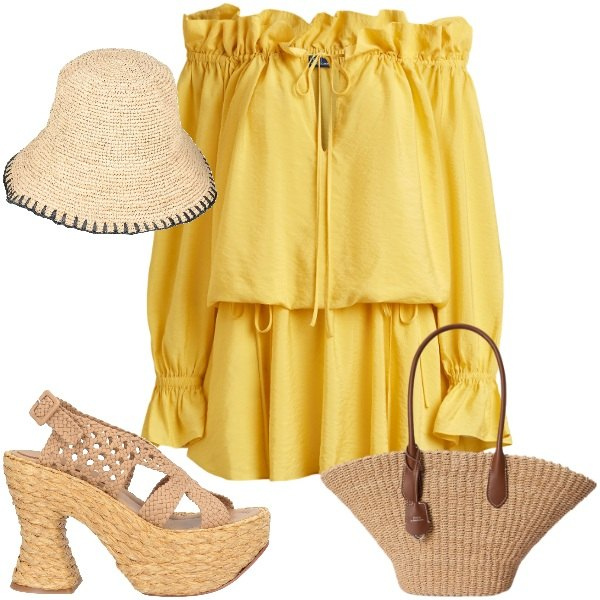 Outfit donna - Sole, paglia e midollino. Stile 70s per Mare. Abbinamento con espadrillas, cappelli con visiera, vestiti, borse tote.