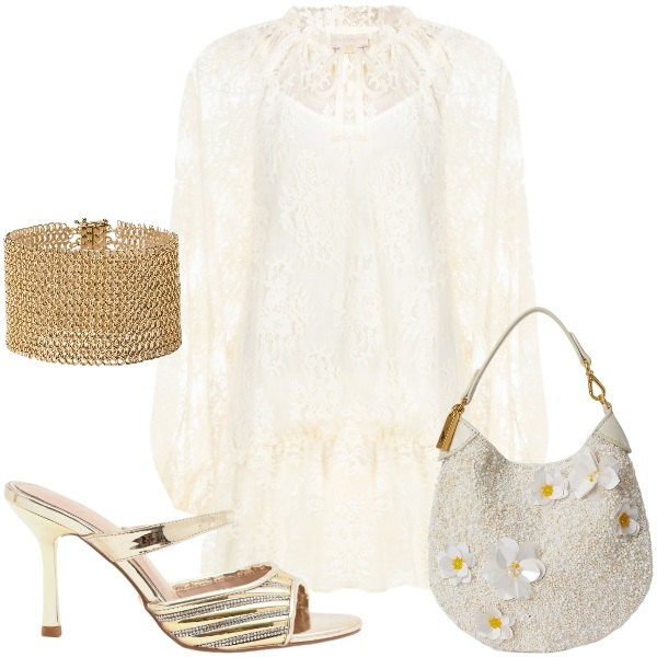 Outfit donna - Tanto pizzo candido. Stile Romantica per Cerimonia. Abbinamento con vestiti corti, sabot, pochette, braccialetti.