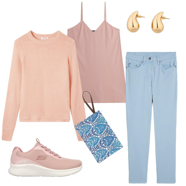 Outfit donna - Comfort Sportivo in Toni Confetto. Stile Romantica per Tutti i giorni. Abbinamento con pantaloni, orecchini, maglieria, vestiti corti, sneakers, pochette.