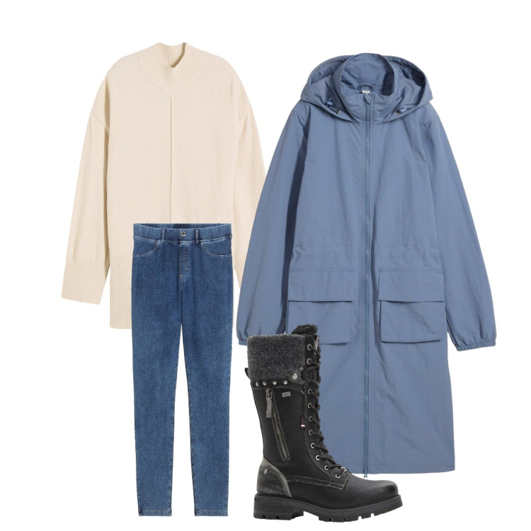 Outfit donna - Marzo pazzerello. Stile Basic per Tutti i giorni. Abbinamento con parka, maglieria, stivali, jeggings.